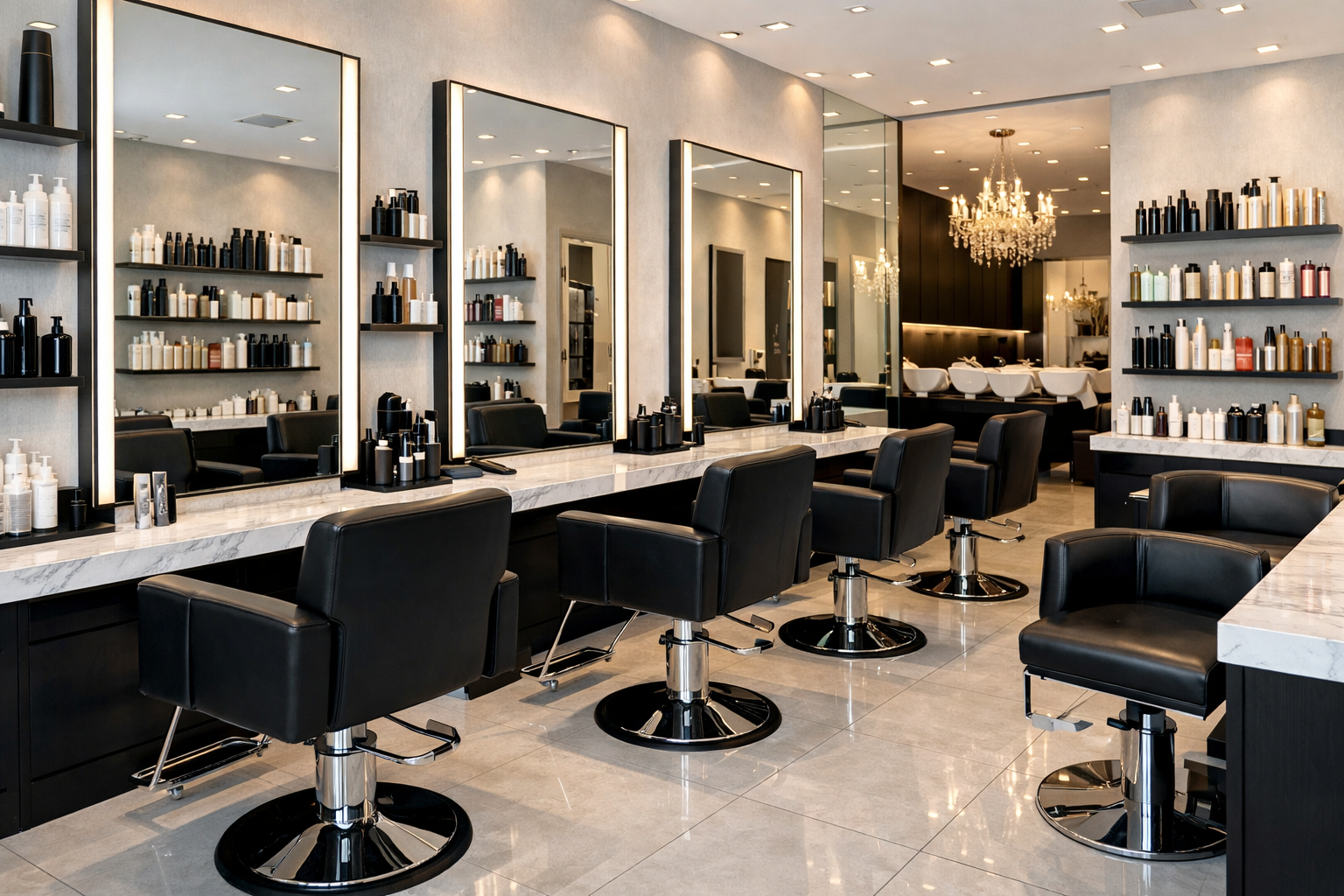 Luxury modern salon interior with styling stations