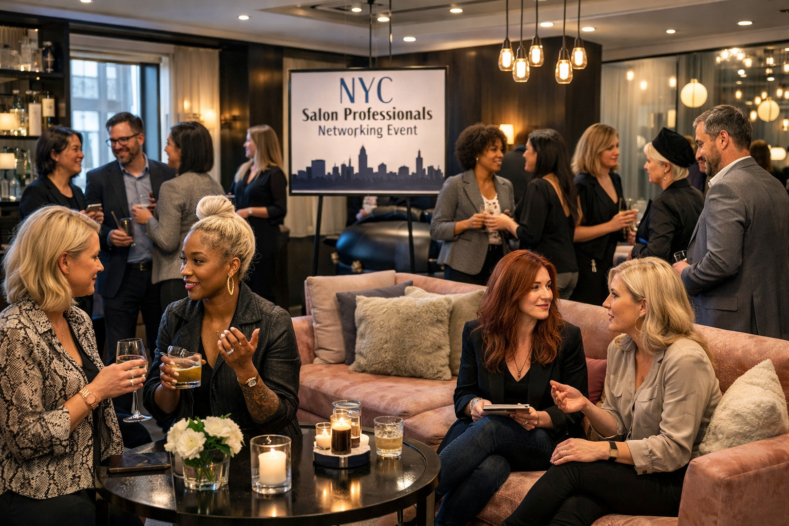 Beauty professionals networking at a community event