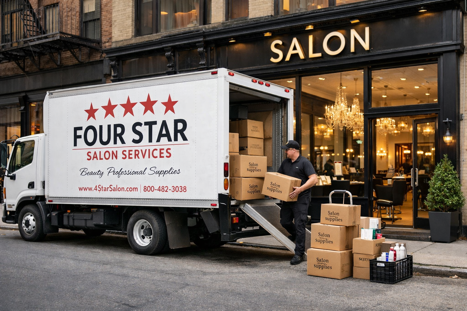 Delivery truck distributing salon products to clients