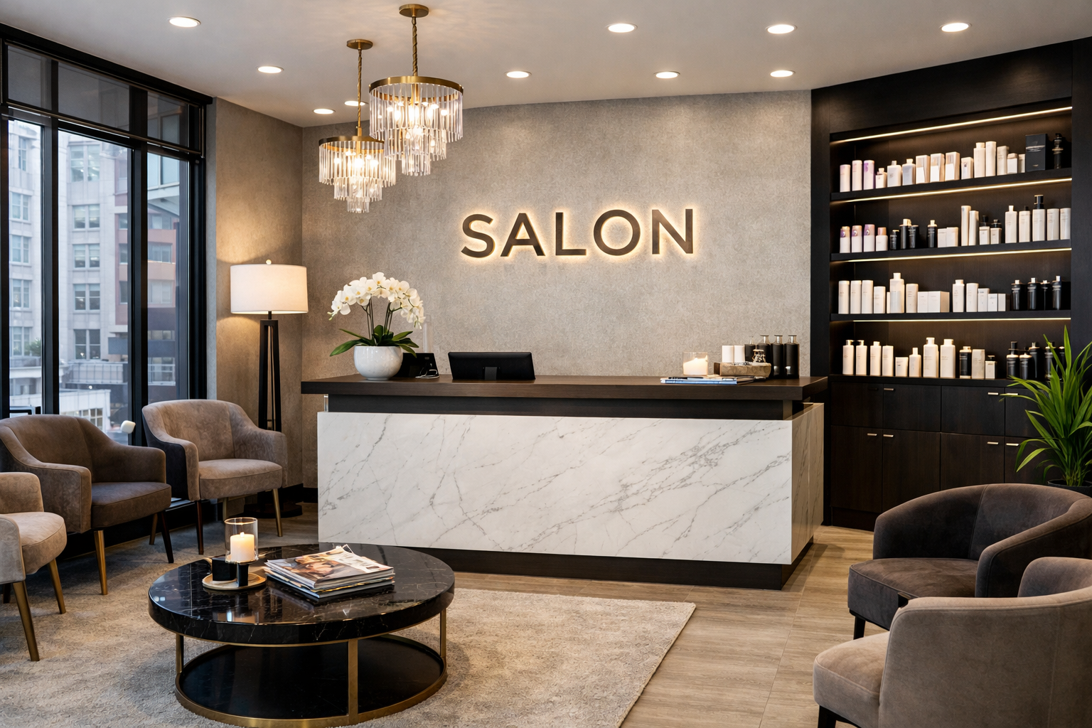 Reception area welcoming salon guests