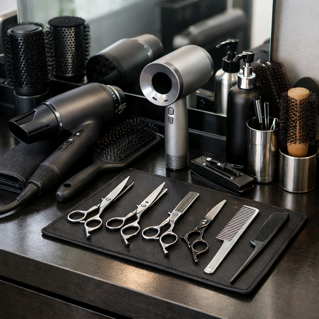 Professional salon tools arranged on a work table